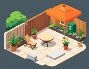 icon style minimalist depiction of a garden patio, emphasizing basic geometric shapes and elements.