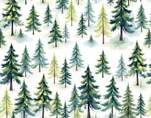 Obraz premium watercolor seamless forest pattern on white background, delicate misty eco line of pine, spruce, and fir trees, subject positioned at the bottom with clear copy space at the top