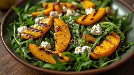 Grilled peach and arugula salad with crumbled goat cheese, seasoned with pepper, in a dark-colored bowl on a wooden surface