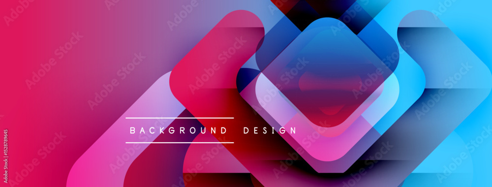 Poster abstract geometric shapes overlap, creating vibrant pinks, blues, purples. modern design element for