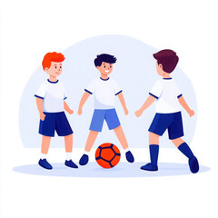 Playful group of kids engaging in soccer practice with a bright orange ball on a minimalistic background, showcasing teamwork and fun