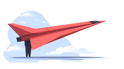 Person holding a large red paper airplane against a blue sky with clouds representing creativity and ambition in a modern abstract style