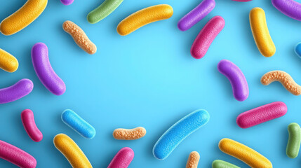 Colorful Microbial Forms on a Vibrant Blue Background for Scientific and Educational Use