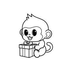 monkey holding birthday gift box coloring book