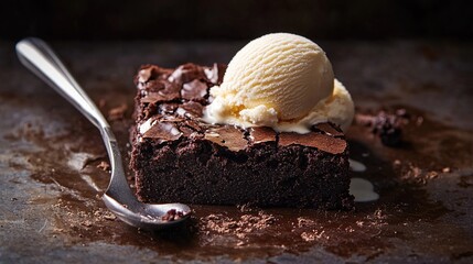 Fudgy brownie, slightly cracked top, served on dark surface with a scoop of vanilla ice cream melting onto it, accompanied by a small ice cream scoop