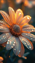 A close-up of a daisy flower with delicate dew drops on its petals, illuminated by warm, golden light, creating a soft and serene natural beauty.