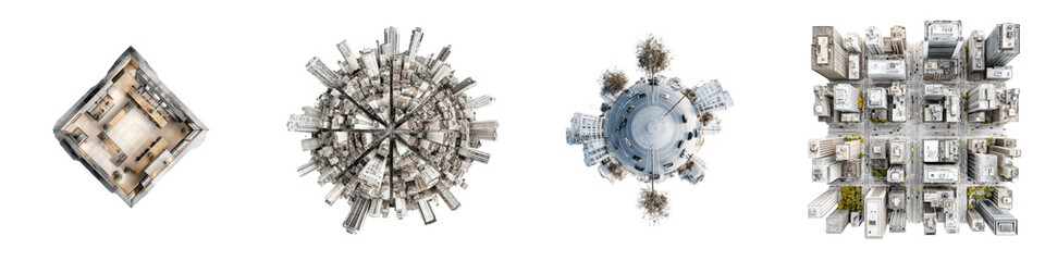 Aerial view of a modern urban cityscape with high rise buildings and residential areas