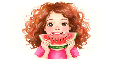 Cute girl smiling while enjoying a slice of watermelon. Watercolor style isolated on white canvas