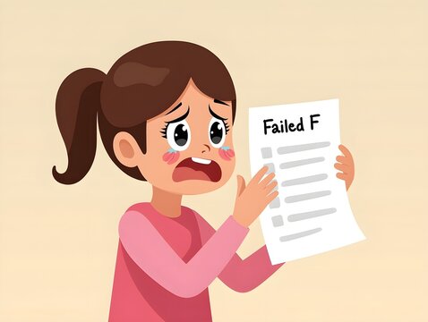 Crying girl holding failed exam paper with grade F in pink shirt illustration