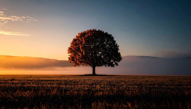 solitary tree in autumn, fog and mist on the field at sunrise