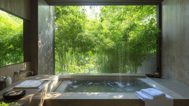 Fototapeta Bath looking out to bright green bamboo forest
