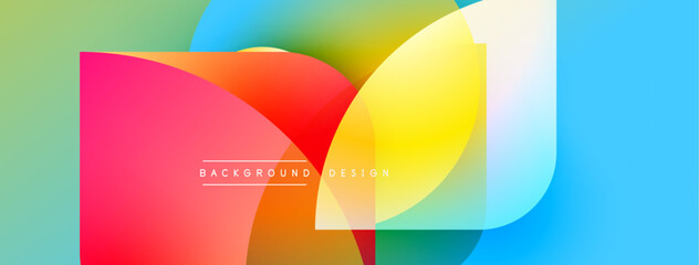 Abstract colorful shapes overlap. Vibrant gradients create dynamic visual effect. Modern design elements suggest creativity, energy.