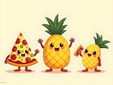 Three different pizza and pineapple characters