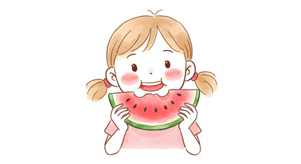 Cute girl smiling while enjoying a slice of watermelon. Watercolor style isolated on white canvas