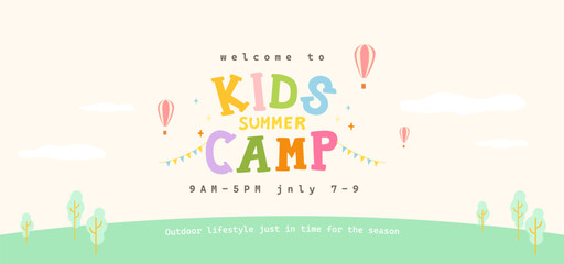 Colorful and minimal poster for kids summer camp in pastel tones with cute cartoon elements and outdoor theme