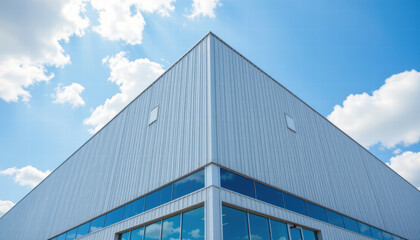 Modern building industrial architecture blue sky reflective glass geometric design sunlight clouds exterior urban contemporary structure metal facade corner daylight symmetry construction
