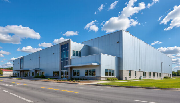 Modern industrial building with sleek design, large windows, and clear blue sky. structure features spacious facade and is situated along well maintained road, showcasing professional environment