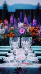 Two crystal drinking glasses on a table, with a colorful flower garden in the background