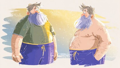 Two chubby men, casual attire, talking