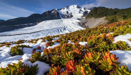 wide shot of tropical snow dusting on mountain glacier with foreground giant rosette plants (Cyathea spp).