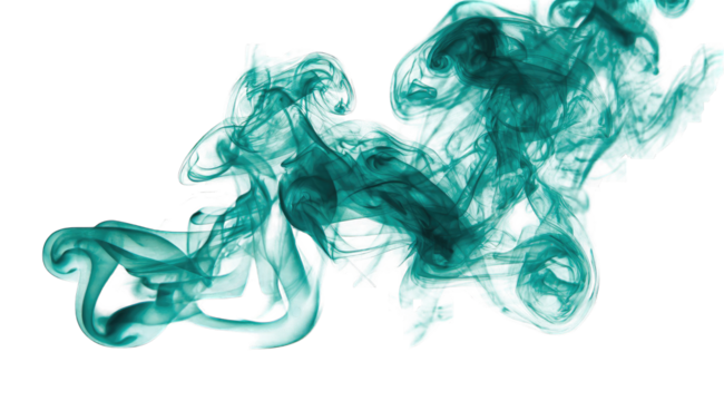 Teal smoke swirls against black