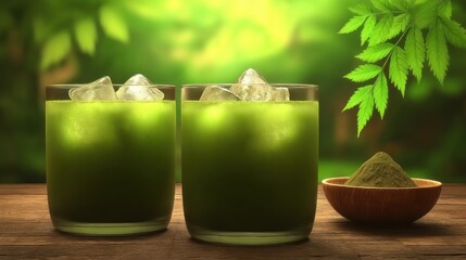 Two glasses of green iced drink on a wooden surface, surrounded by nature