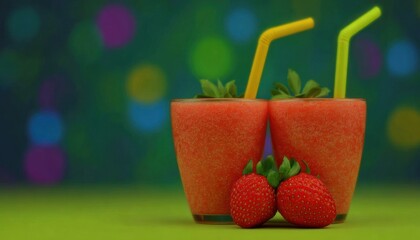 Two strawberry smoothies on a green surface
