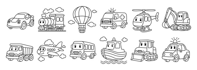 A black and white vector illustration of various transportation vehicles for children's coloring activities and educational fun.