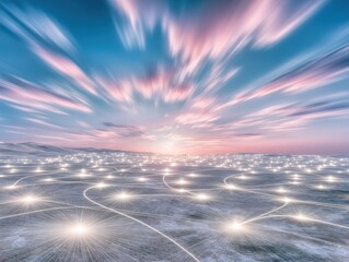 Vast digital landscape at sunrise