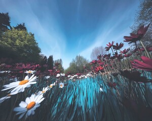 Vibrant flower field under a vibrant sky