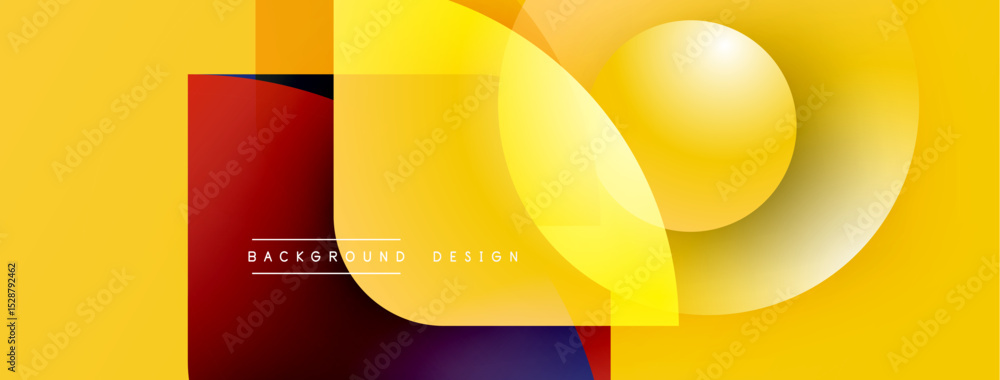 Poster Abstract geometric shapes, vibrant yellow background, modern design elements. Overlapping layers create dynamic visual effect.