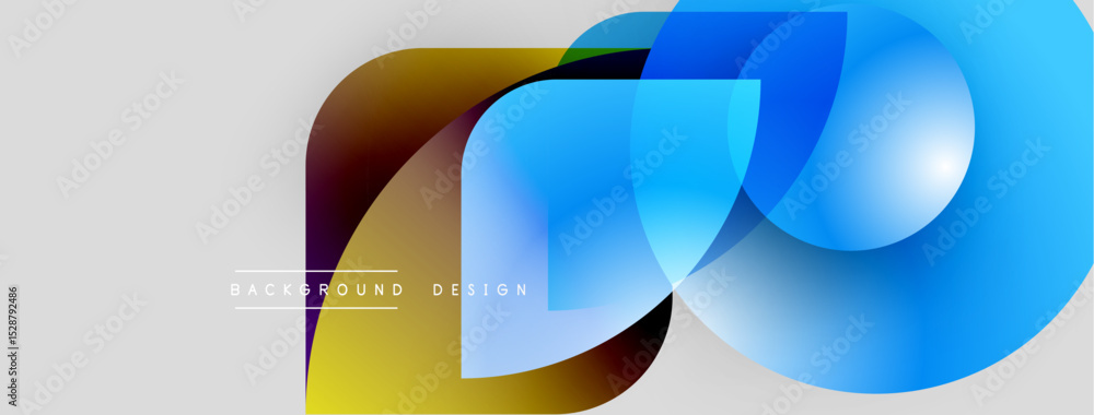 Poster Abstract shapes overlap, creating vibrant color gradients. Modern design elements suggest dynamic movement, smooth transitions. Background is light gray.