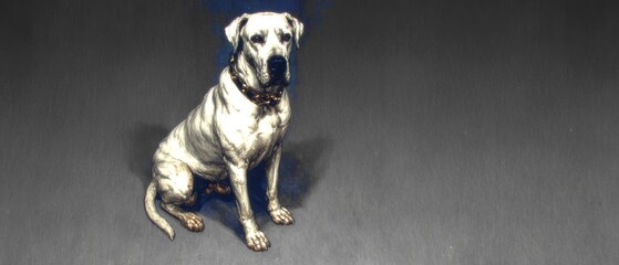 White dog sitting on gray floor