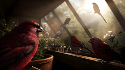 Red Birds In A Greenhouse Garden