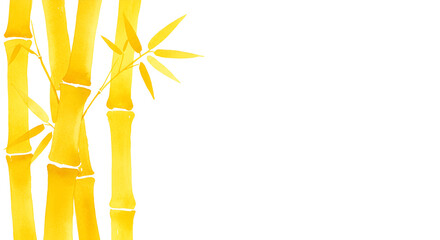 Yellow bamboo stalks with green leaves on white background. Watercolor style
