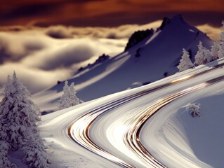 Winding road through snowy mountain peaks at sunset