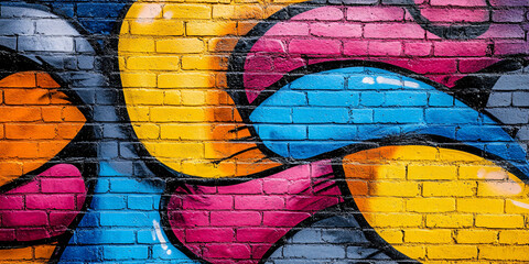 Close-up of a colorful graffiti mural painted on a brick wall.