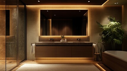 Warm, modern bathroom with glowing mirror