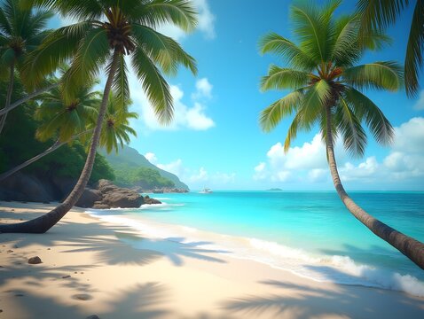 tropical beach with palm trees and sea.