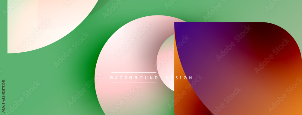 Poster Abstract geometric shapes overlap, creating vibrant color gradients. Design features soft pinks, greens, purples, oranges. Text reads background design.