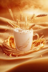 Cozy cup of frothy beverage surrounded by golden wheat and flowing liquid, conveying warmth and indulgence in soft lighting