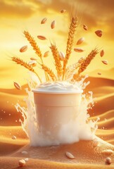 Creamy yogurt with wheat grains splashing in the golden desert sand at sunset, capturing natural beauty and nutrition