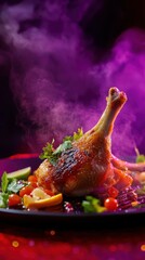 Juicy Roast Chicken Leg Surrounded by Fresh Vegetables and Aromatic Herbs on a Dark Background with Colorful Smoke Effects