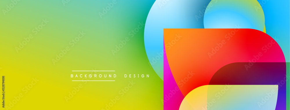 Poster Vibrant gradient background features overlapping colorful circles, squares. Modern design elements create dynamic visual impact.