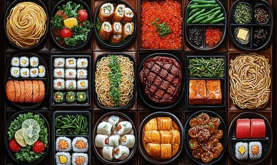 A grid of diverse meticulously arranged food dishes