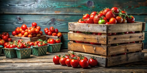 Rustic wooden crate overflowing with vibrant red tomatoes, complemented by smaller containers of ripe tomatoes, all arranged on a weathered wooden surface.