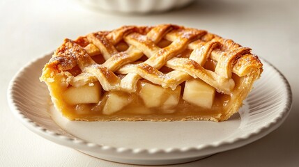 A half of a golden-brown apple pie with a lattice crust, dusted with powdered sugar, sits on a simple white plate against a bright background