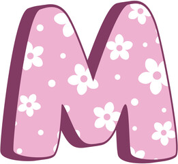 Cute Kid Letter M Pink Floral Uppercase Alphabet Character with White Daisy Pattern in Pastel Style for Girls Crafts Birthday Cards Kids Learning and Preschool Decorations