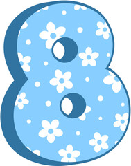 Cute Kid Number 8 Blue Floral Pastel Digit with White Daisy Pattern for Birthday Posters Counting Activities Nursery Decorations and Preschool Math Projects