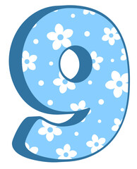 Cute Kid Number 9 Blue Floral Pastel Digit with White Daisy Pattern for Birthday Posters Counting Activities Nursery Decorations and Preschool Math Projects